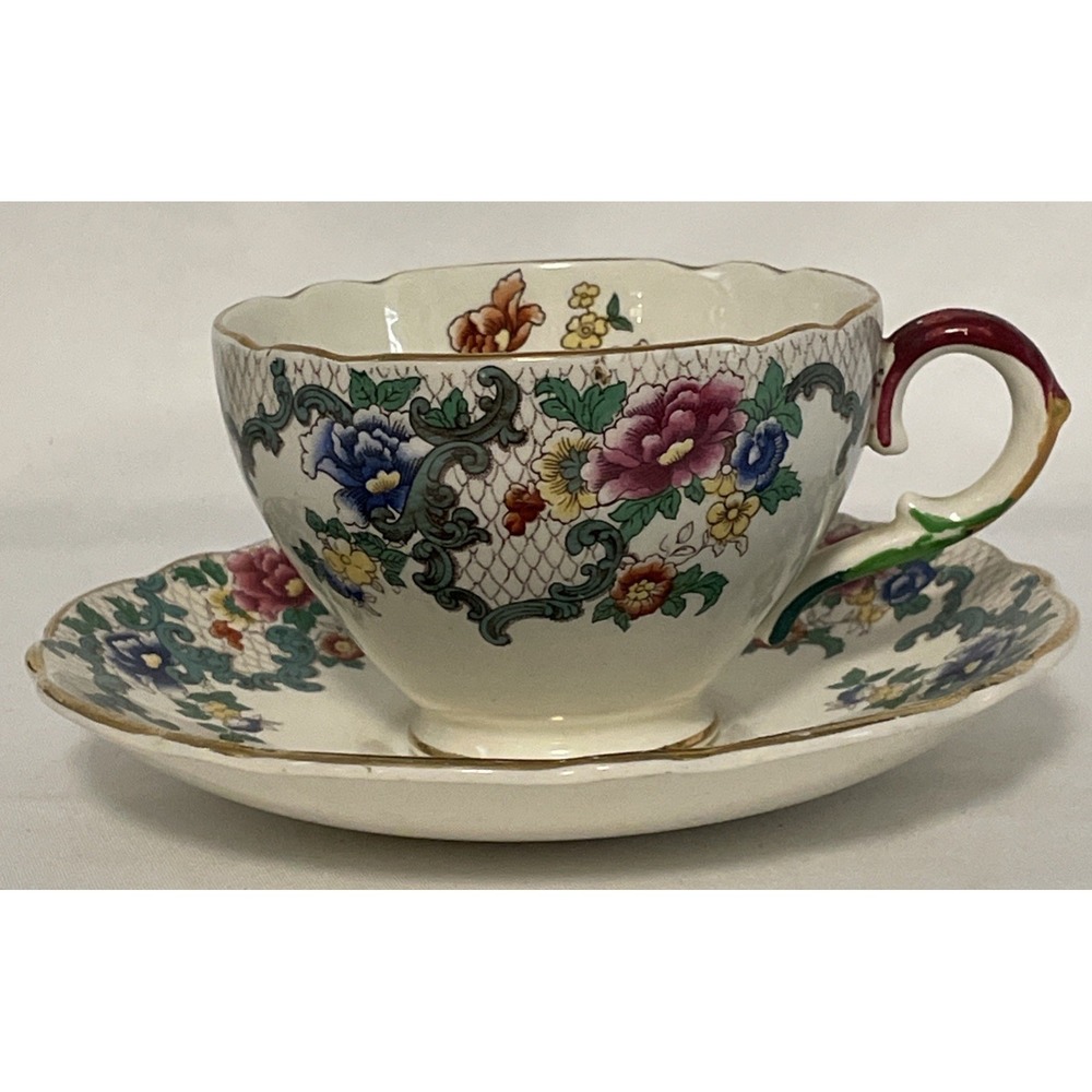 Vintage Royal Cauldon Victoria 2 Cups & Saucers Scalloped 22k Gold Edging Floral - Picture 5 of 16